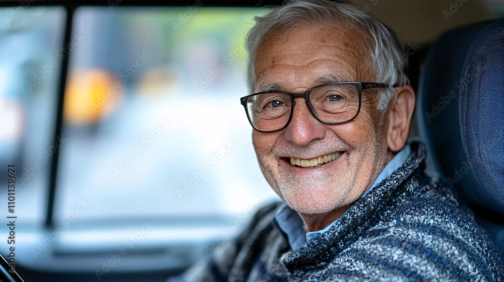 Poster An elderly driver learning traffic rule updates during a driving school session Stock Photo with side copy space