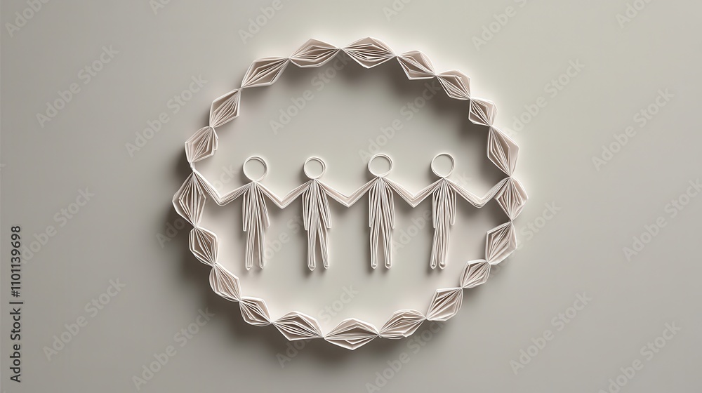 Poster a circular design featuring four stylized human figures, interconnected, symbolizing unity and colla