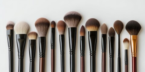 A collection of make up brushes displayed against a white background, highlighting the elegance and variety of make up brushes for beauty enthusiasts and professionals alike.