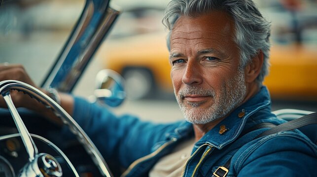 A senior practicing safe left and right turns in a practical driving school program Stock Photo with side copy space