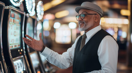 Elegant Casino Employee Welcoming Guests in Las Vegas Slot Room