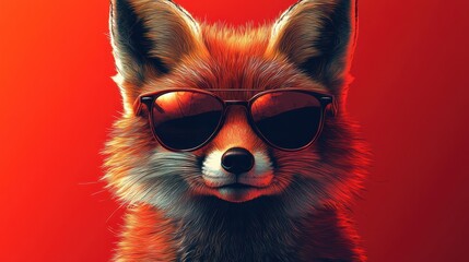 Minimalist vector of fox in sunglasses on red background