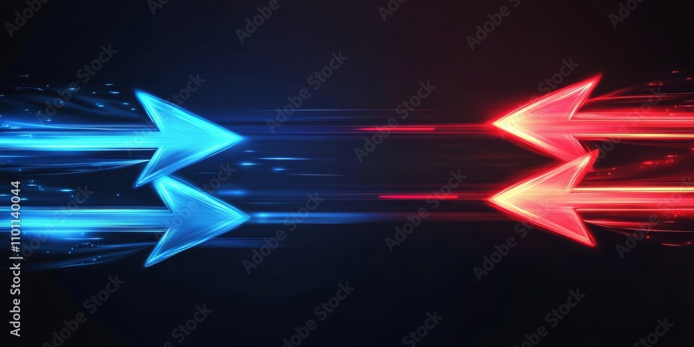 Poster in a dark space, bright red and blue arrows illuminate the area, showcasing contrasting paths and em