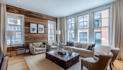 Fototapeta premium Cozy and Modern Luxury Apartment with Wooden Accent Wall