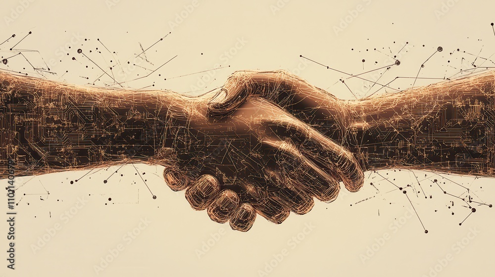 Poster two hands engaged in a handshake, symbolizing agreement, unity, and collaboration, with abstract ele