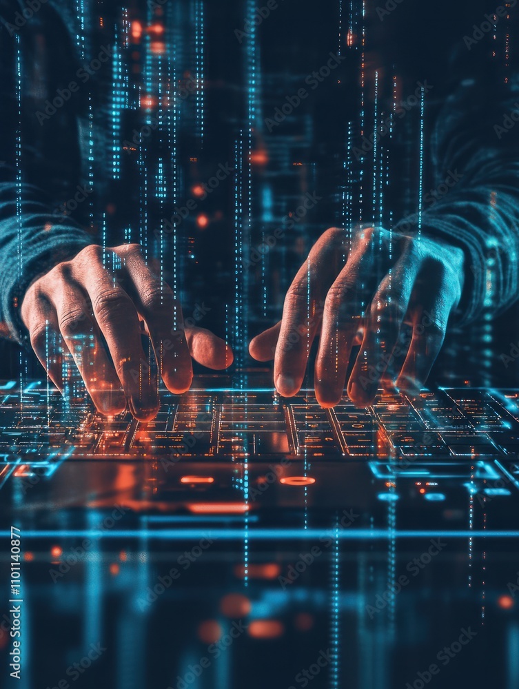 Poster information and network protection with hologram cyber secutrity icons and man hands with keyboard. 