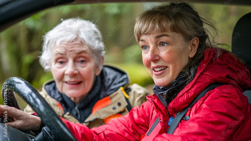 Poster a driving instructor pointing out controls in a car as an elderly student listens carefully stock ph