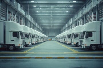 Fleet of Modern White Trucks Parked in a Spacious Industrial Warehouse with High Ceilings and Bright Lighting