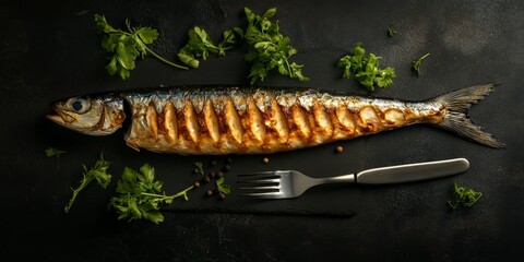Banner featuring a smoked mackerel without its head, accompanied by a fork and knife, set against a black background. This image highlights the smoked mackerel in an appetizing presentation.