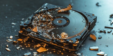 Damaged computer hard disk resting on a table, illustrating the concept of complete data destruction from a broken hard disk. The broken hard disk signifies the risk of data loss.