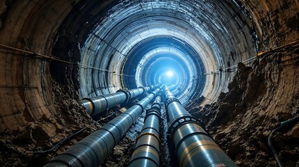 Industrial Pipeline Infrastructure Inside an Underground Tunnel. Generator AI