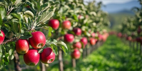 Contemporary apple orchard featuring protective nets designed to shield against hail during the spring season, showcasing the vibrant beauty of an apple orchard in full bloom.