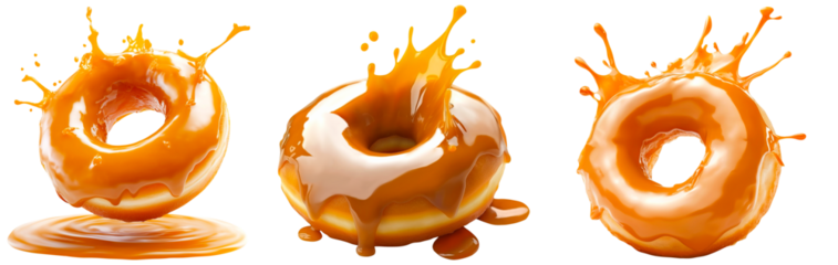 Set of donuts with caramel glaze splashes