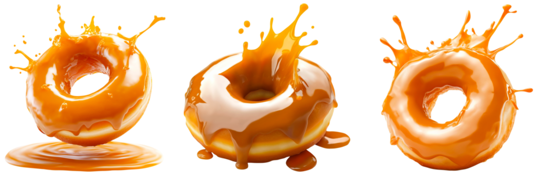 Set of donuts with caramel glaze splashes