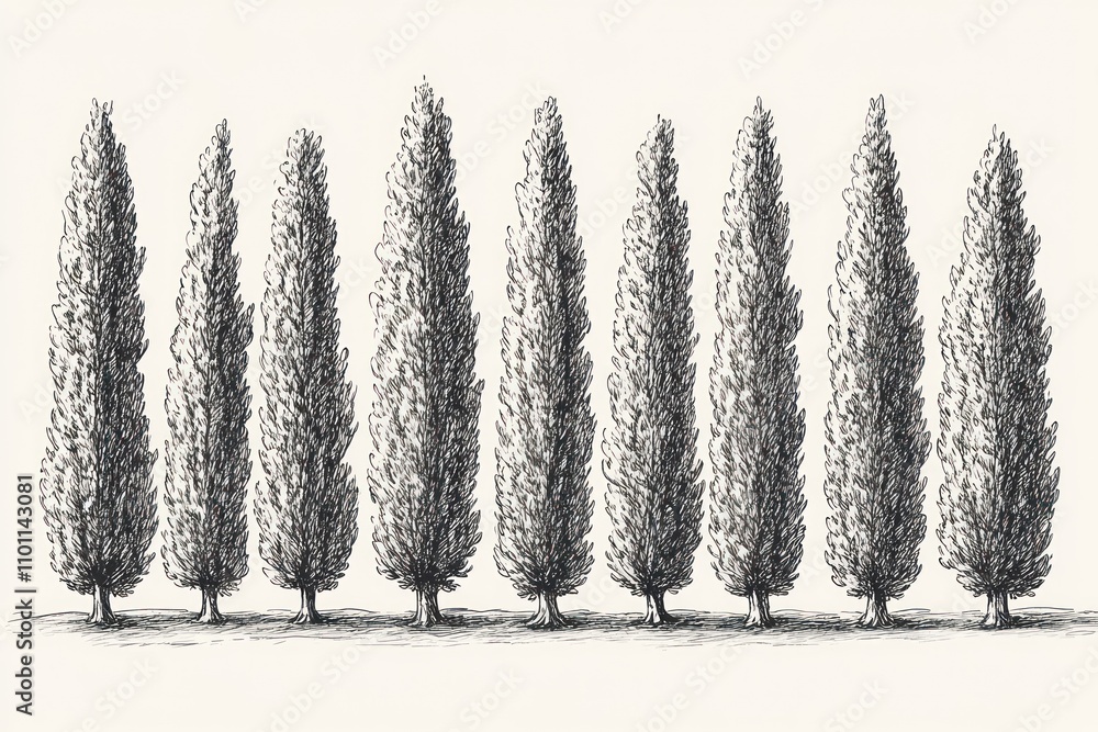Poster a series of tall, slender trees arranged in a symmetrical pattern.