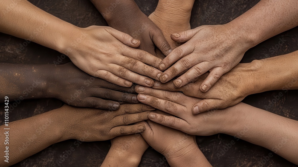 Poster A diverse group of hands overlapping on a textured surface, symbolizing unity, collaboration, and shared effort.