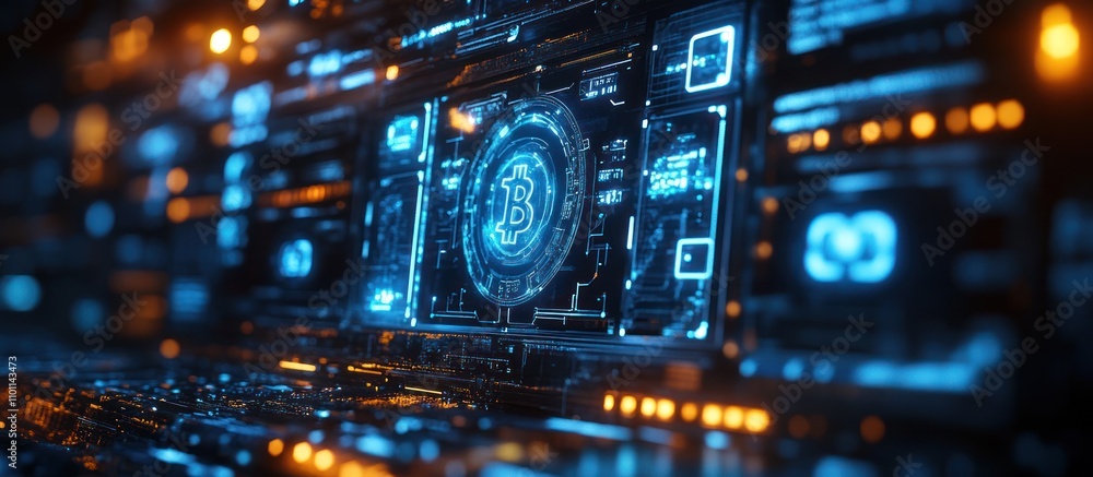 Poster a digital rendering of a bitcoin symbol on a futuristic computer screen, featuring glowing blue and 
