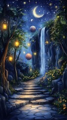 A serene night scene with a waterfall, glowing lanterns, and planets in a starry sky.