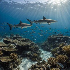 Fototapeta premium A reef shark patrolling near an island with clear waters teeming with fish.