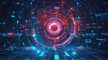 Obraz premium Abstract digital design featuring glowing circles and lines, representing technology and data flow.