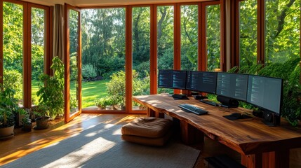 Fototapeta premium Serene Home Office with Stunning Garden View