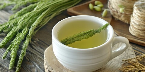 Fresh horsetail plant steeped in a cup of herbal tea, showcasing the benefits of horsetail as a popular choice in alternative medicine and wellness practices. Herbal tea with horsetail offers unique