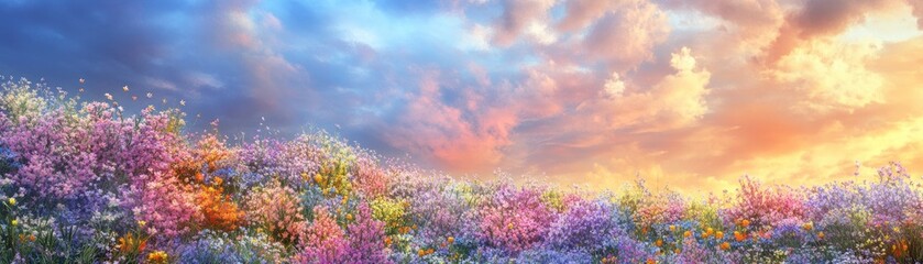 Obraz premium A vibrant landscape of wildflowers under a colorful sunset sky.