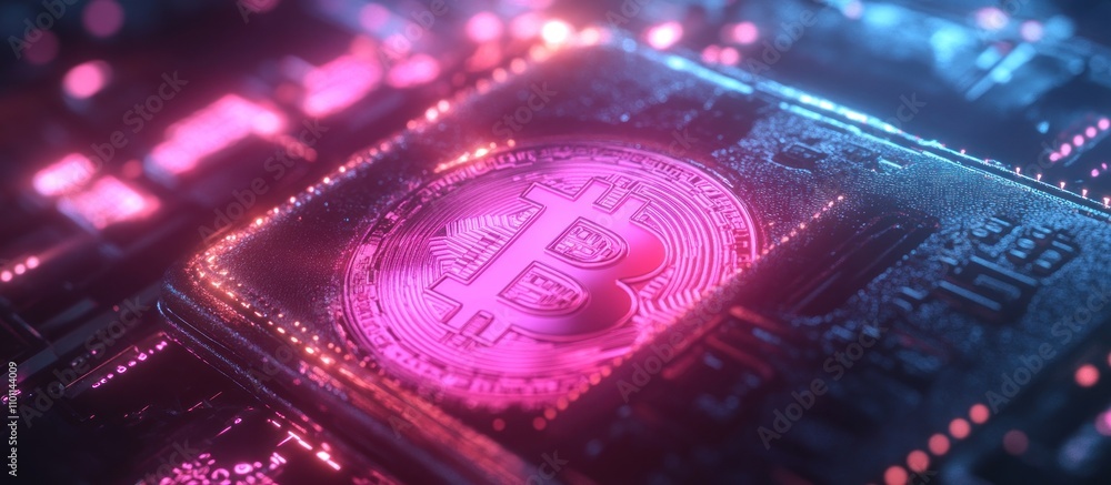 Poster a close-up shot of a bitcoin cryptocurrency coin resting on a computer motherboard with a glowing pi