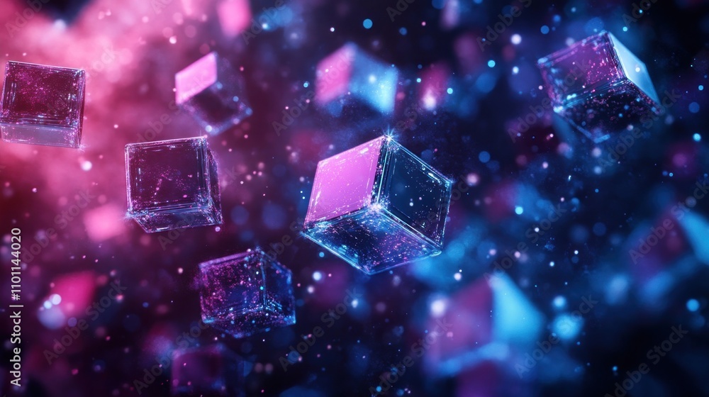 Poster abstract 3d digital cubes with glowing lines and particles in a dark background with pink and blue l