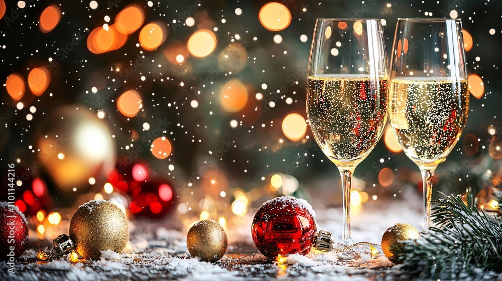 Poster A classic New Year theme featuring a red and gold color palette with fireworks and sparkling lights Stock Photo with side copy space