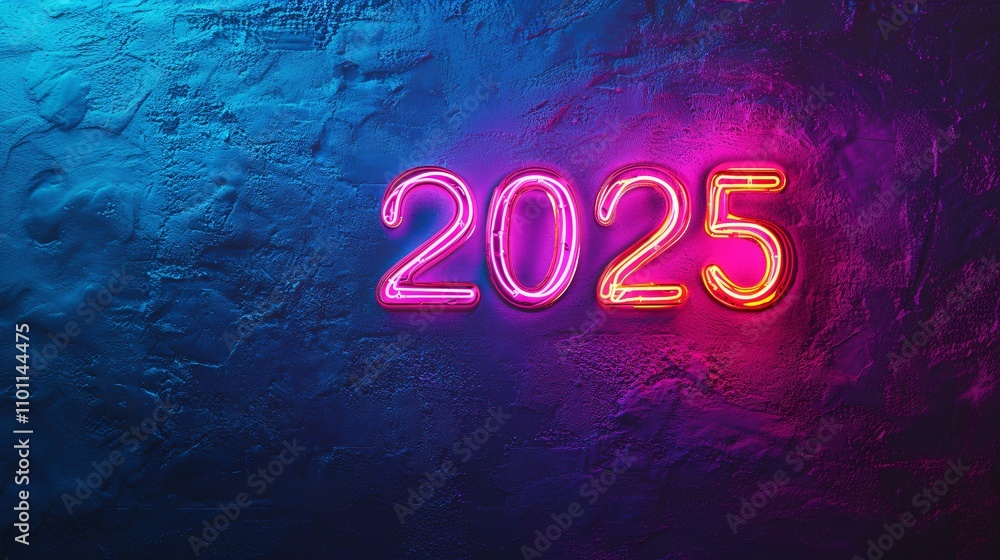 Poster a modern new year design with neon-style numbers for the upcoming year glowing against a dark urban 