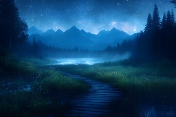 A serene nighttime landscape featuring a misty river, mountains in the distance, and a starry sky, evoking tranquility and natural beauty.