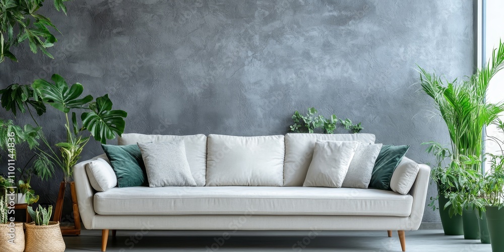 Poster light sofa adorned with pillows positioned against a gray wall, complemented by an array of green pl