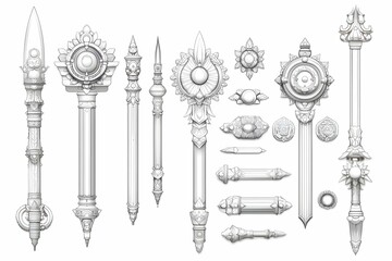 A collection of ornate decorative elements, including stylized Weapon and intricate designs, presented in a monochromatic illustration.