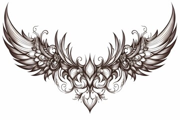 Ornate wing design featuring intricate patterns and curves, evoking themes of freedom and elegance. featuring intricate details in black and white. Tattoo design, mystic symbol, line art