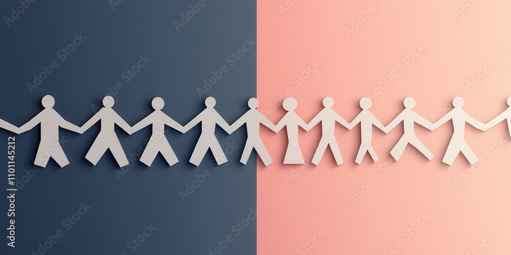 Poster a creative representation of unity through paper figures holding hands, symbolizing diversity and co