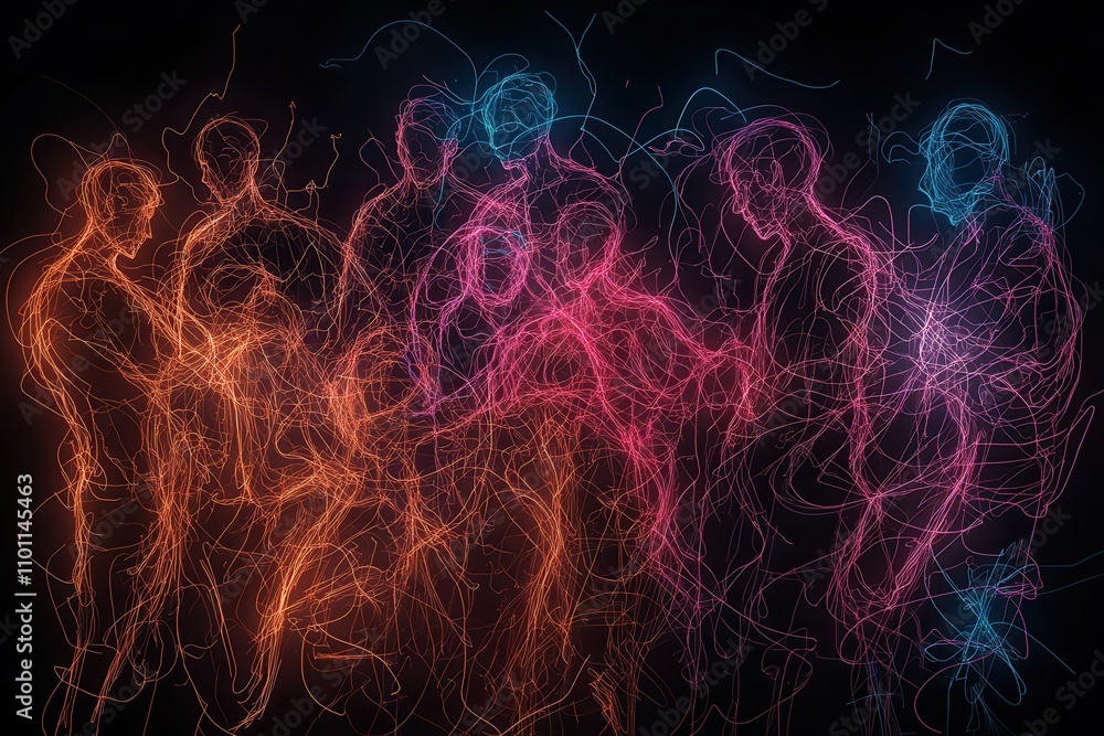 Aufkleber a vibrant, abstract representation of human figures, depicted with colorful light trails, conveying 