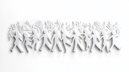 Naklejka premium A minimalist design of paper cut-out figures, each carrying greenery, symbolizing unity, nature, and celebration.
