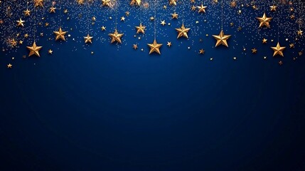 A festive New Year display of golden stars scattered across a midnight blue background Stock Photo with side copy space