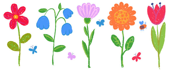 Crayon flowers. Colored pencil and pastel chalk spring floral illustration with butterfly. Hand drawn kids cute painting. Vector plants with sketch texture.