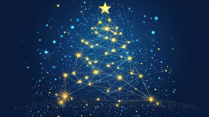 Fototapeta premium A stylized Christmas tree made of lights and stars against a dark blue background.