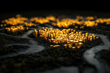 Obraz premium Golden cityscape with glowing modular structures on dark map