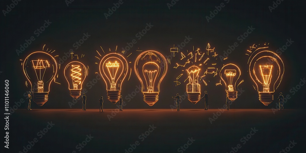 Poster a creative display of illuminated light bulbs, symbolizing ideas and innovation, showcasing various 