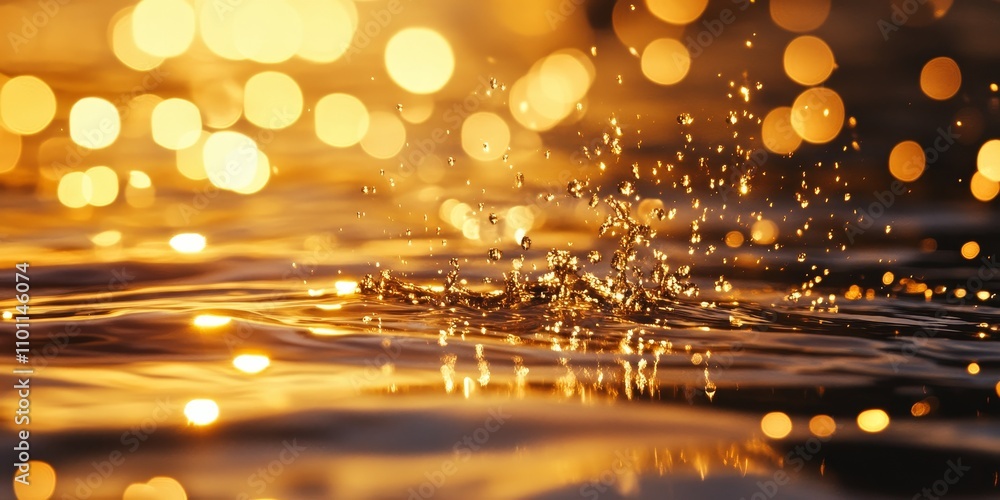 Poster golden bokeh background featuring shimmering water elements, creating a beautiful and enchanting atm