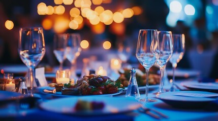 Elegant corporate event venue with upscale table settings and ambient lighting for sophistication