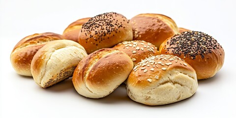 Fototapeta premium Variety of homemade brioche buns with seeds displayed against a high contrast white background, showcasing the delightful appearance of these assorted brioche buns in isolation.