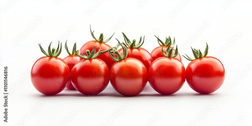 Poster ripe red varietal tomatoes displayed in isolation against a white background, emphasizing the vibran