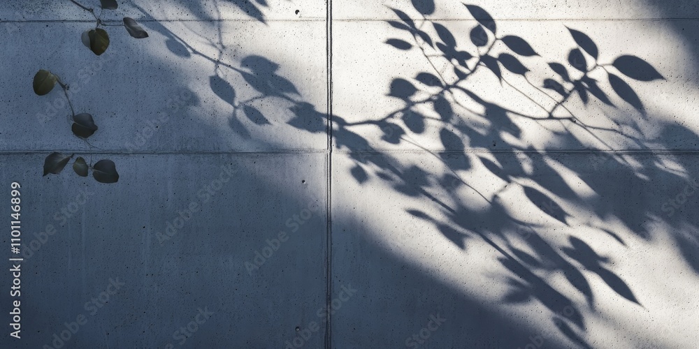 Poster shadowy leaves cast intriguing patterns on a concrete wall, creating a captivating interplay between