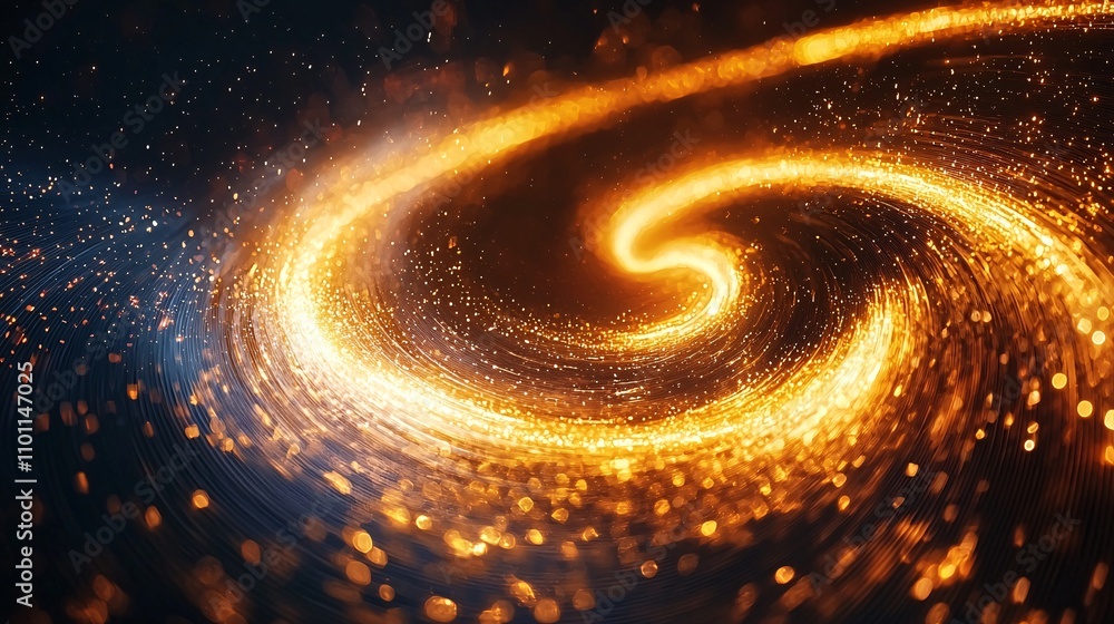 Aufkleber An abstract New Year background with swirling golden light trails forming dynamic shapes on a dark backdrop Stock Photo with side copy space