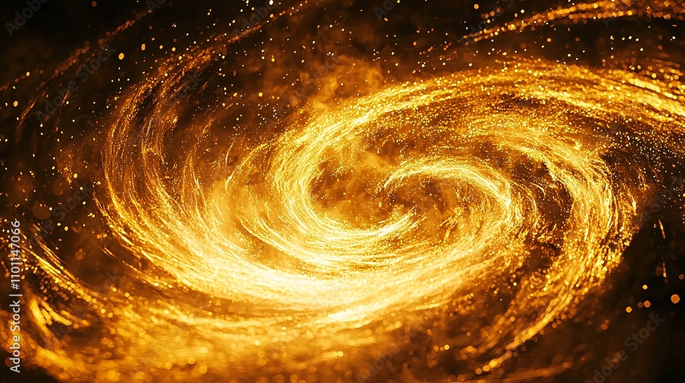 Poster An abstract New Year background with swirling golden light trails forming dynamic shapes on a dark backdrop Stock Photo with side copy space